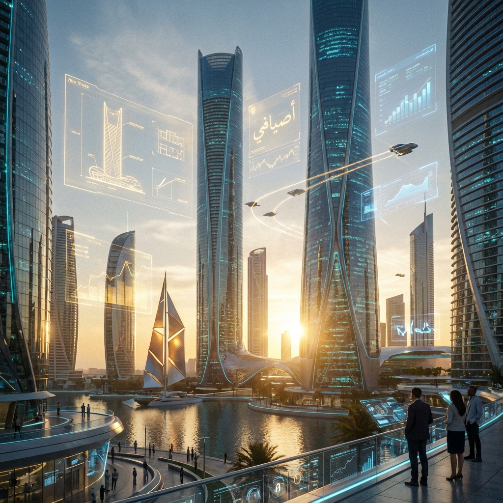 Futuristic skyline of Abu Dhabi with holographic data projections, golden hour lighting