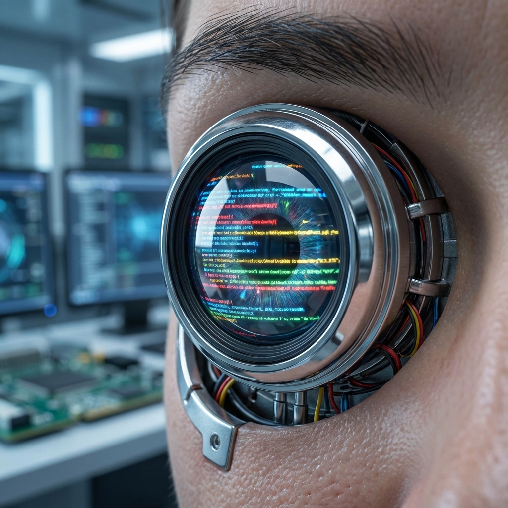 Cybernetic eye with Google colors reflecting data streams, high tech style