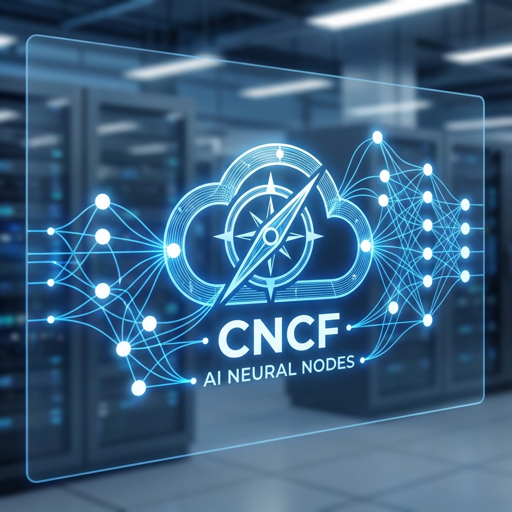 CNCF logo merging with AI neural nodes, blue and white, clean vector style
