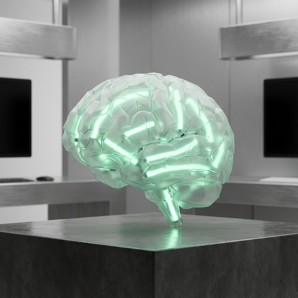 Glowing geometric brain structure with OpenAI green accents, minimal and modern