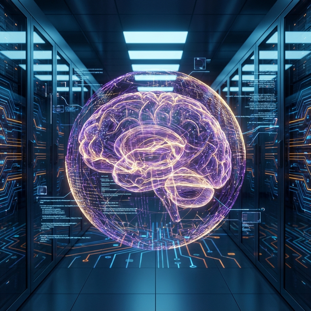 Abstract digital representation of an advanced AI brain with purple and gold neural networks