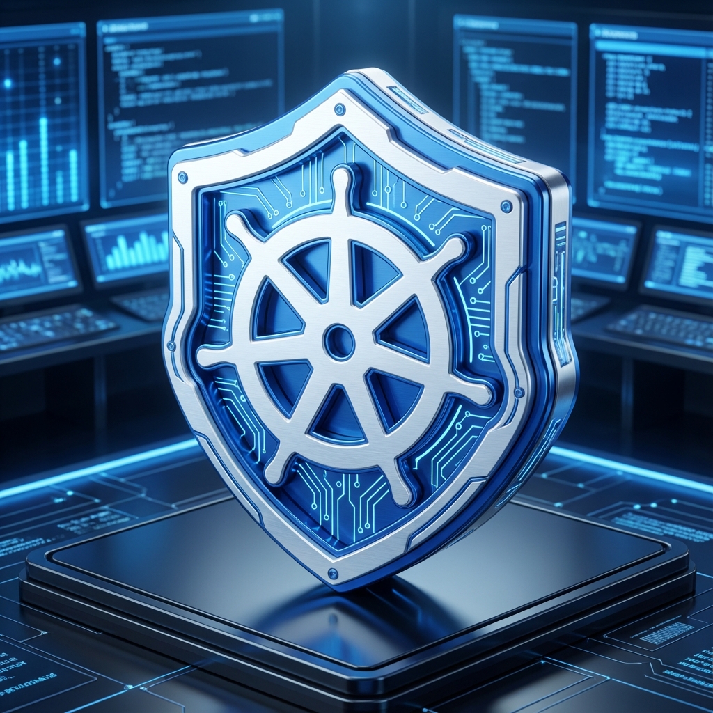 Futuristic shield with Kubernetes wheel logo, blue and white security theme