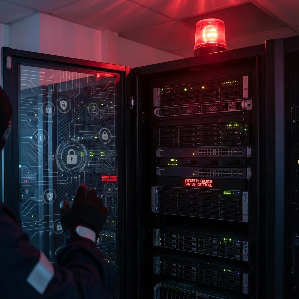 Red warning light illuminating a server rack, dramatic cyber security vibe