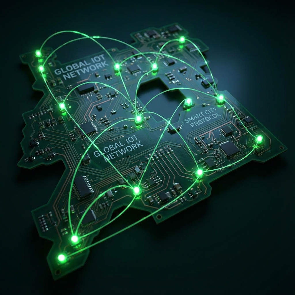 Network of connected devices on a circuit board map, glowing green points
