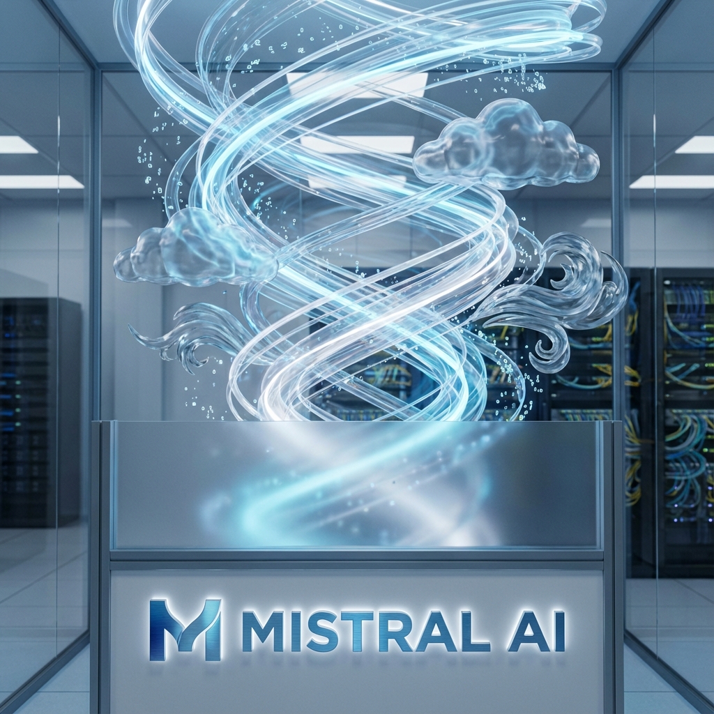 Stylized wind and storm mixing with digital data streams, blue and white