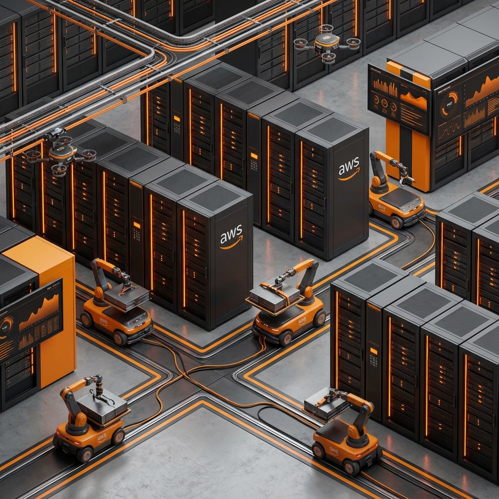 Cloud infrastructure with autonomous robot agents working, orange and black AWS style