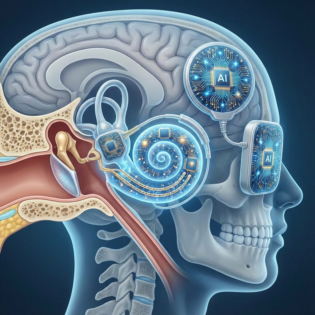 Illustration of a cochlear implant with embedded AI circuitry inside a human head outline.
