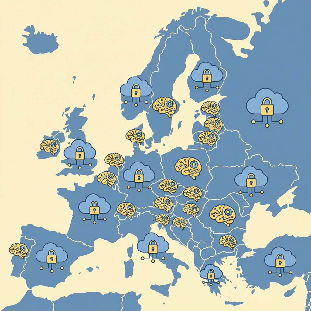 Stylised map of Europe with secure cloud and AI icons representing sovereign infrastructure.